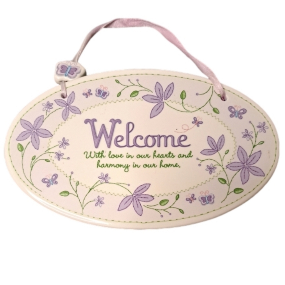 Hanging Welcome Plaque, EUC, Ceramic, Butterfly Bead, Lovely Saying, Donate Soon